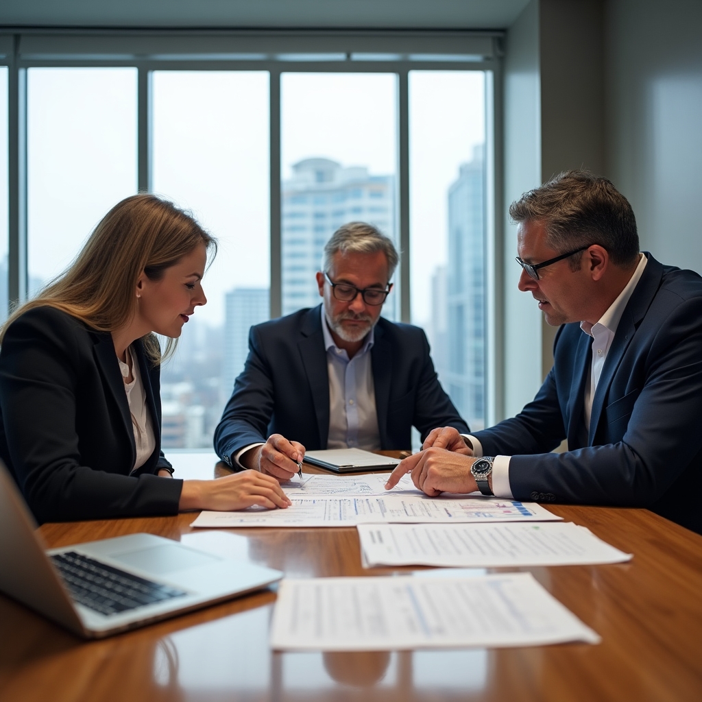 Investment group reviewing acoustic measurement report documents around a conference table in a professional setting