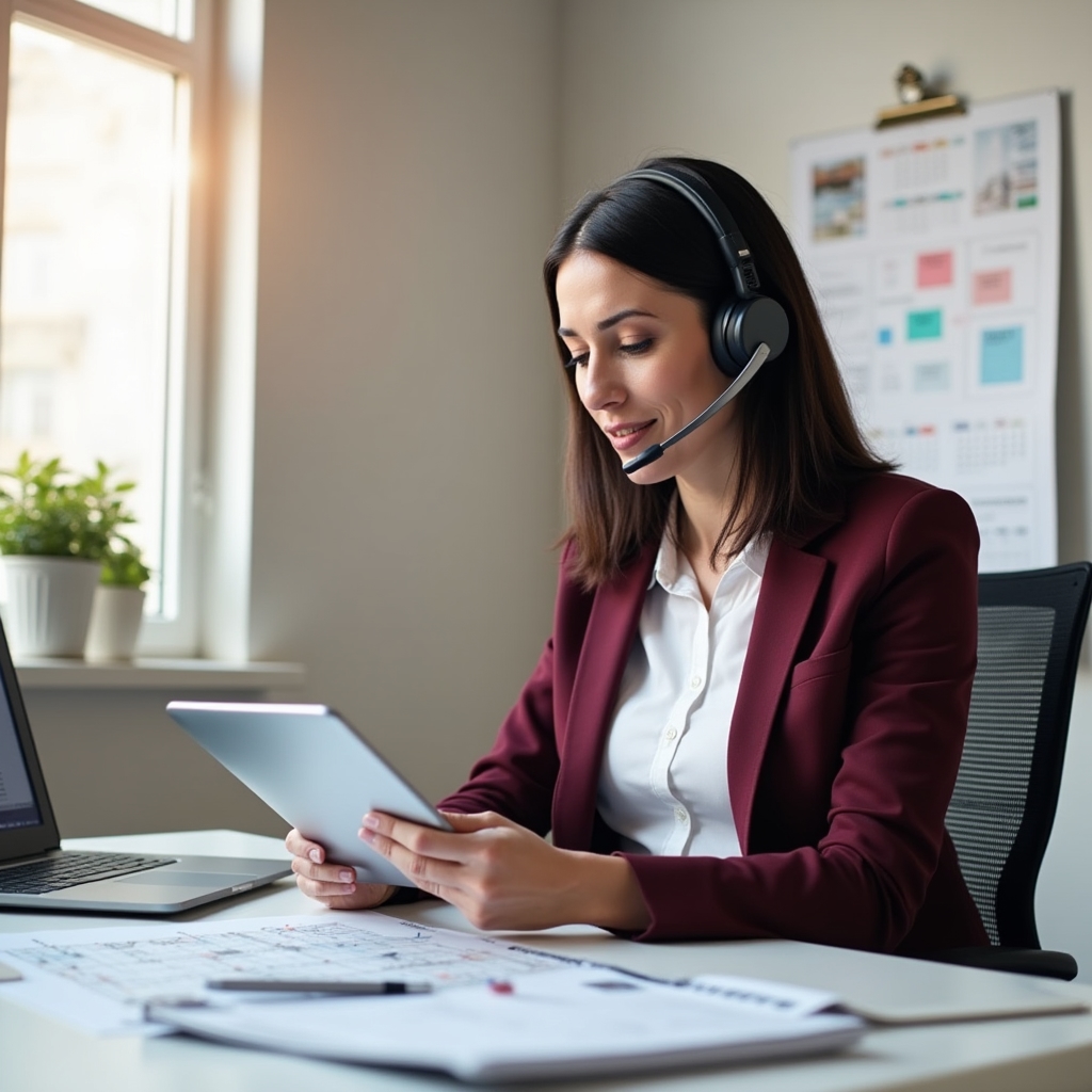 Project coordination specialist at Bixlume, professional in her late 30s managing scheduling and client communication at a desk
