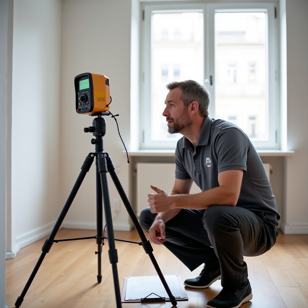 Lead acoustic specialist at Bixlume, professional in his 40s reviewing measurement data in a residential building setting