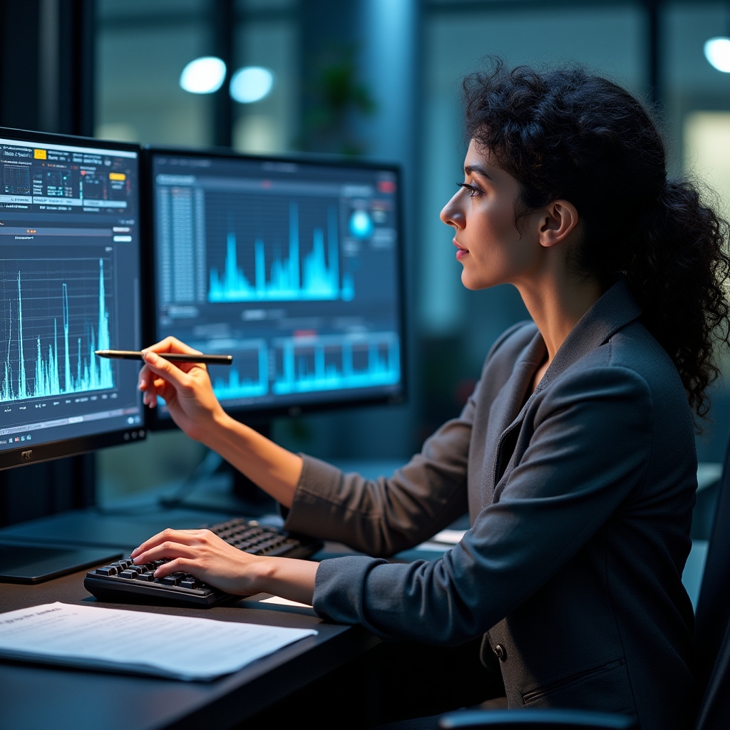 Technical data analyst at Bixlume, professional woman in her 30s working at a computer with acoustic frequency charts displayed